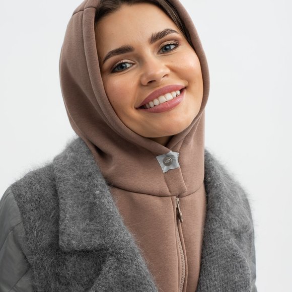 UNU Hooded Scarf Dark Beige Cotton Balaclava Hat NWT - Picture 2 of 6